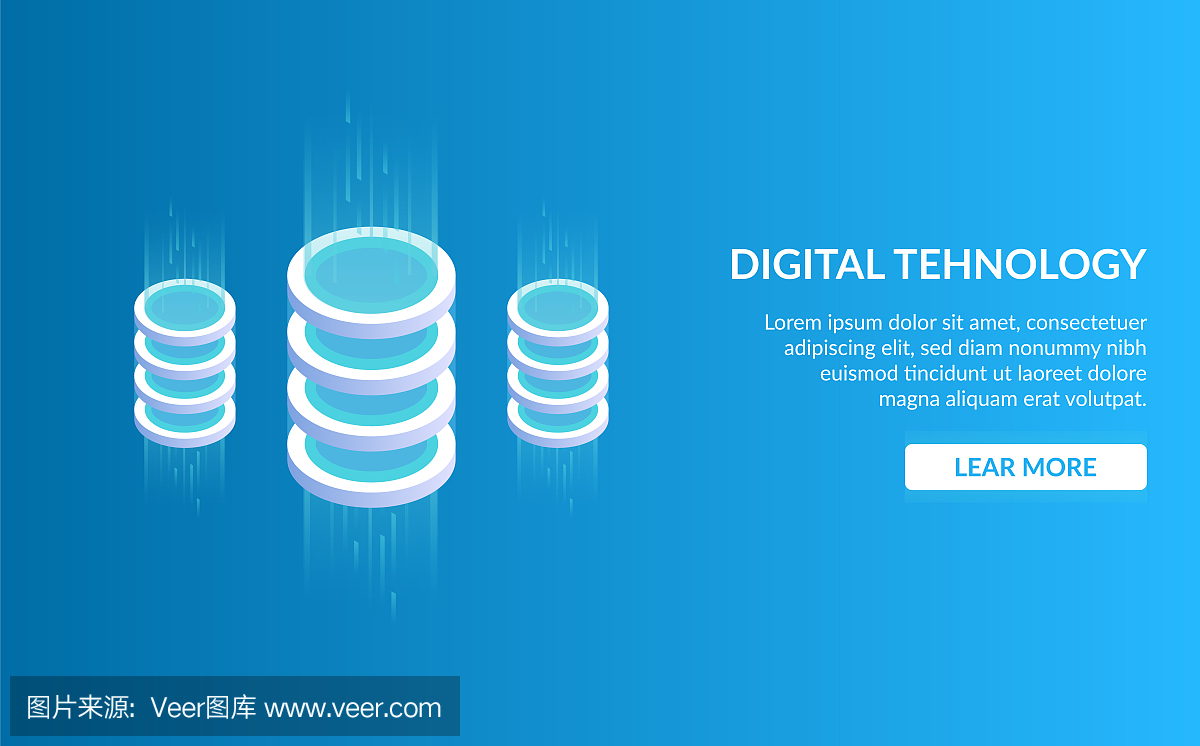 Didgital tehnology。大数据处理概念、未来能源站、服务器机房机架、数据中心。等距矢量插图。