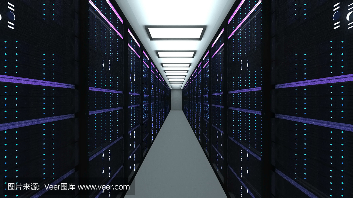 数据中心的现代服务器室内部,网络和互联网通信技术,大数据存储和云服务概念,3d渲染