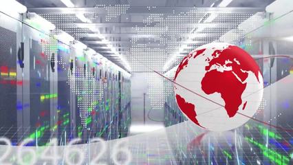 计算机服务器上的数据处理和地球仪动画
