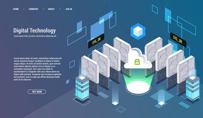 大数据处理、等距数据中心、矢量信息处理和存储的概念。具有抽象几何元素的创造性插图
